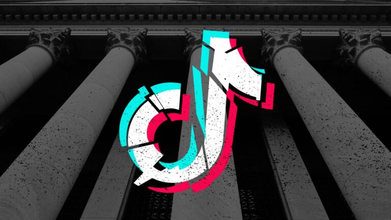 The TikTok logo is displayed prominently over grayscale columns of a neoclassical building, suggesting a theme related to law or government.