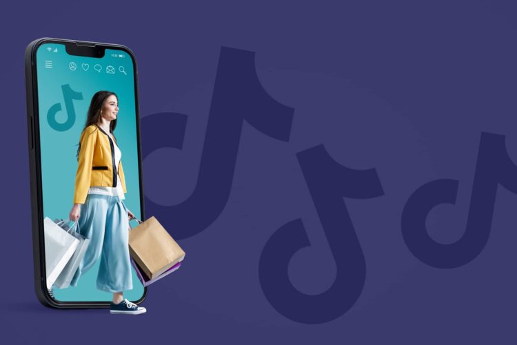 A woman carrying shopping bags appears to walk out of a smartphone screen, with TikTok logos in the purple background.