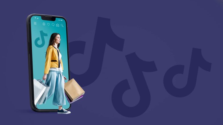 A woman carrying shopping bags appears to walk out of a smartphone screen, with TikTok logos in the purple background.