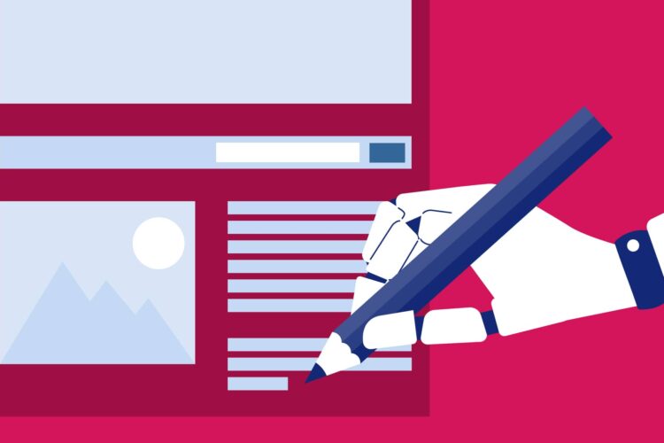 Illustration of a robotic hand holding a pen, writing on a document next to an image and search bar on a computer screen.