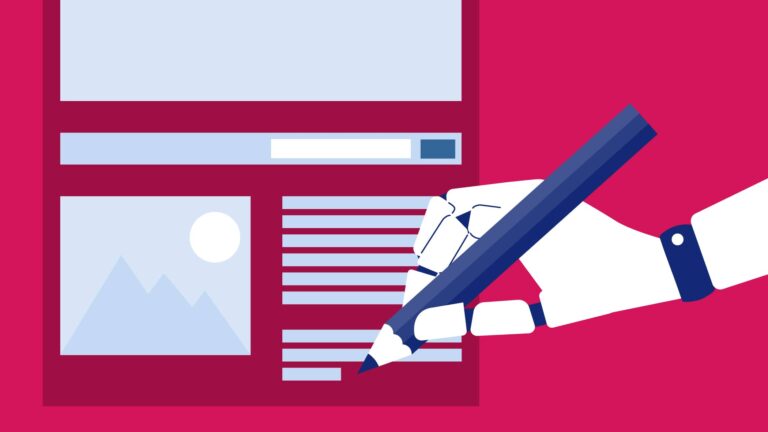 Illustration of a robotic hand holding a pen, writing on a document next to an image and search bar on a computer screen.