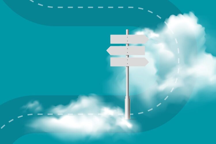 A blank white signpost with three directional arrows stands amid clouds, with dashed lines resembling a winding road on a teal background.