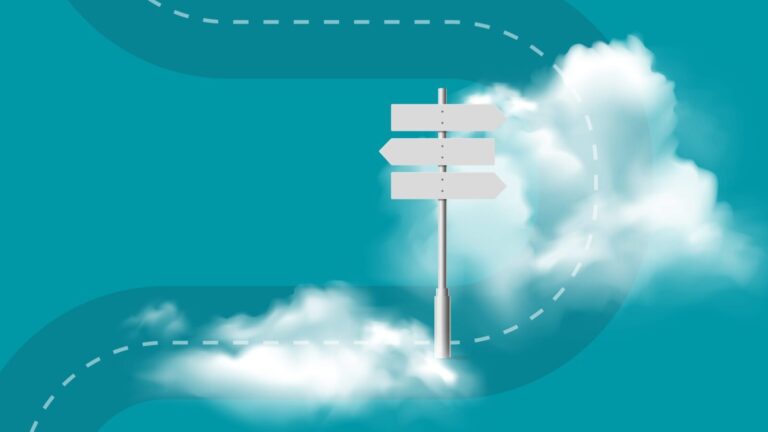 A blank white signpost with three directional arrows stands amid clouds, with dashed lines resembling a winding road on a teal background.