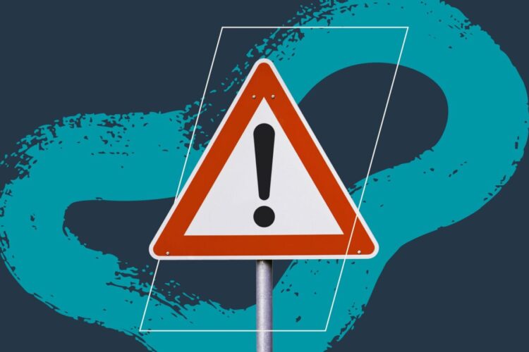 A triangular warning sign with an exclamation mark is displayed against a dark background with a teal abstract design.