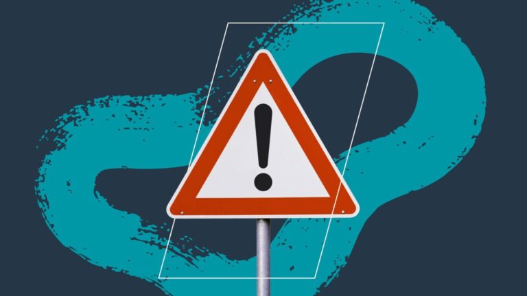 A triangular warning sign with an exclamation mark is displayed against a dark background with a teal abstract design.