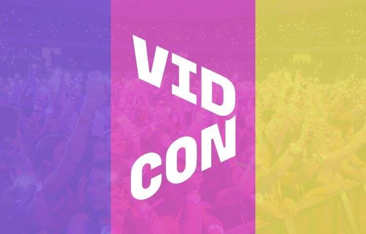 Color-tinted image of a crowd at a concert or event with the word "VIDCON" in bold white letters across the center.