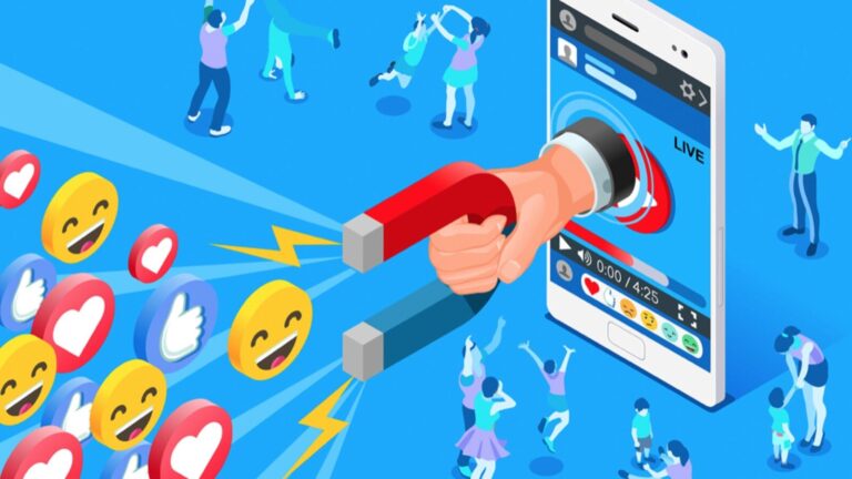 Illustration of a hand holding a magnet emerging from a smartphone screen, attracting emoji reactions and people, symbolizing social media engagement.