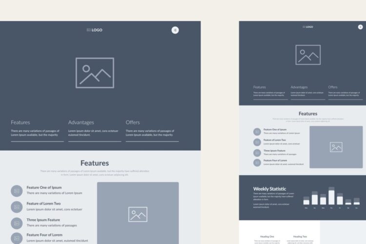 Two grayscale website wireframe layouts displaying placeholders for images, headings, and text sections labeled as features, advantages, offers, and statistics.