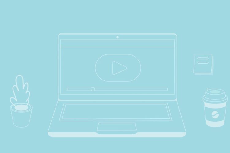 Outline illustration of a laptop displaying a video play button, with a potted plant, lamp, notepad, and coffee cup nearby, all on a light blue background.