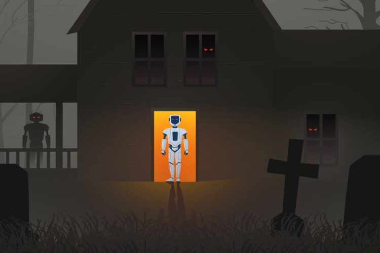 A robot stands in a lit doorway of a dark, eerie house with glowing red-eyed figures in the windows and on the porch; gravestones are visible in the foreground.