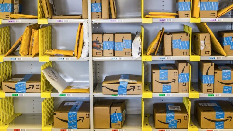 Shelves with multiple Amazon packages and padded envelopes organized in individual cubbies, ready for pick-up or delivery.
