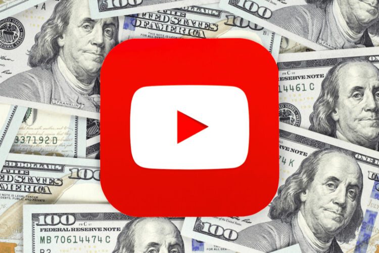 Red YouTube play button logo over a background of scattered US $100 bills.