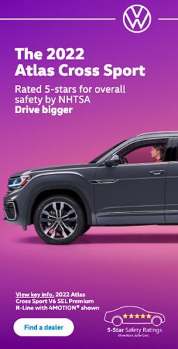Side view of a gray 2022 Volkswagen Atlas Cross Sport with a driver inside, featuring a purple background and text highlighting its 5-star NHTSA safety rating.