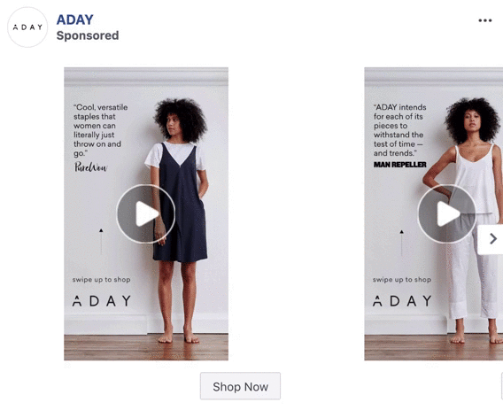Two women model minimalist ADAY outfits in separate advertisements featuring positive quotes about the clothing. Each ad has a play button and a “Shop Now” button below.