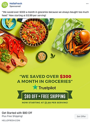 HelloFresh advertisement showing a variety of meals, promotional text about saving over $300 a month on groceries, and an $80 off plus free shipping offer.