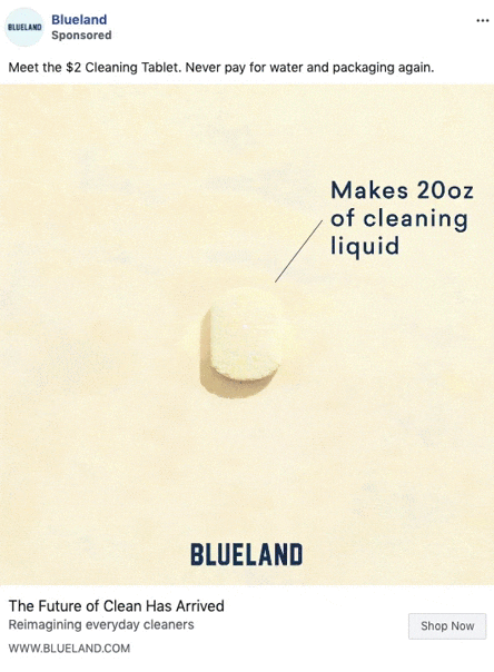 A single cleaning tablet on a light background with text stating it makes 20oz of cleaning liquid; Blueland branding and a "Shop Now" button are visible.