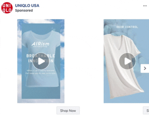 Two UNIQLO ads display white shirts with text highlighting "AIRism BREATHABLE INNOVATION" and "ODOR CONTROL." Both have 'Shop Now' buttons and play icons over blue sky backgrounds.