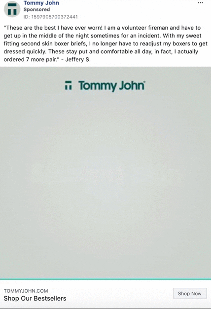 A Facebook ad for Tommy John features a customer testimonial praising the comfort and fit of their boxer briefs, with the Tommy John logo and a call to shop bestsellers at the bottom.