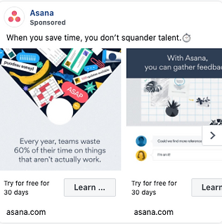 An Asana ad with two images: one showing scattered work items and a note saying 60% of time is wasted, and the other showing a workspace interface. Text offers a 30-day free trial.