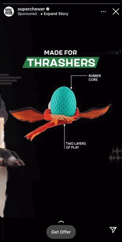 A durable dog toy with a blue textured core and orange wings is shown, labeled as having a rubber core and two layers of play, with the text "MADE FOR THRASHERS.