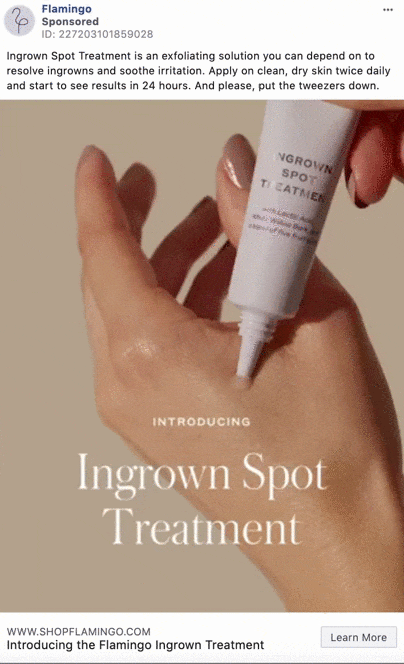 A hand applies a tube of ingrown spot treatment cream to the back of another hand. The text promotes Flamingo Ingrown Spot Treatment.