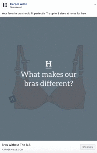 Graphic ad featuring an illustrated bra with text: "What makes our bras different?" followed by reasons such as comfort, affordability, and hassle-free try-ons.