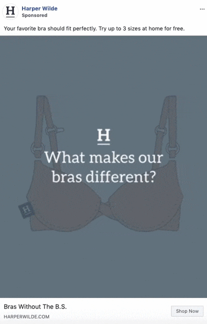 Graphic ad featuring an illustrated bra with text: "What makes our bras different?" followed by reasons such as comfort, affordability, and hassle-free try-ons.