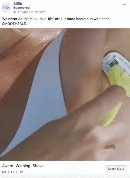 Close-up of a person shaving their underarm with a yellow razor, wearing a white top. Text above offers 15% off with a promo code.