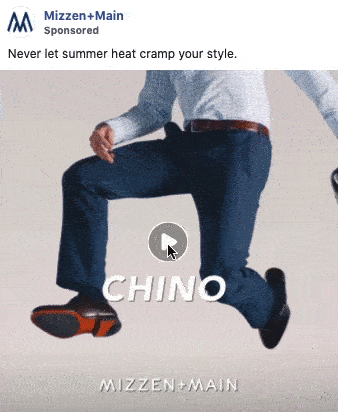 A man in a dress shirt and chinos jumps mid-air against a plain background. Text reads “CHINO” and “Mizzen+Main.”.