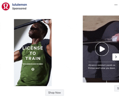 A man lifts a barbell overhead next to an image of athletic shorts with text highlighting abrasion-resistant panels. Lululemon branding and “Shop Now” button are visible.