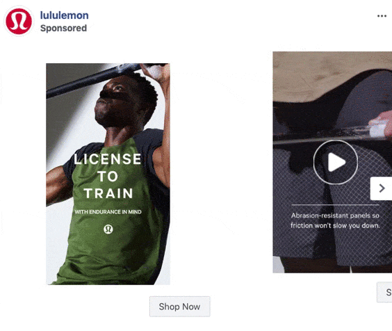 A man lifts a barbell overhead next to an image of athletic shorts with text highlighting abrasion-resistant panels. Lululemon branding and “Shop Now” button are visible.