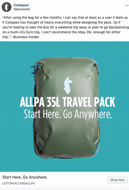 A green Cotopaxi Allpa 35L travel pack sits against a blue background with text promoting its versatility for travel and backpacking.
