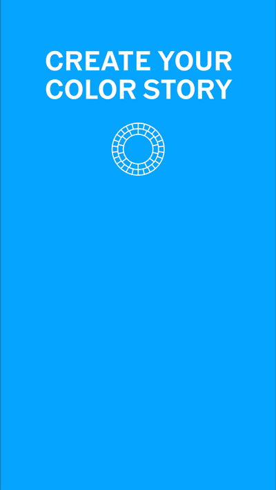 Blue background with white text at the top reading "CREATE YOUR COLOR STORY" and a white circular grid icon below the text.