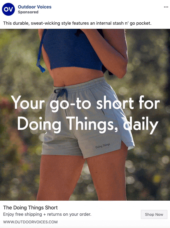 A person wearing light gray athletic shorts and a blue crop top is standing outdoors. Text reads: "Your go-to short for Doing Things, daily.