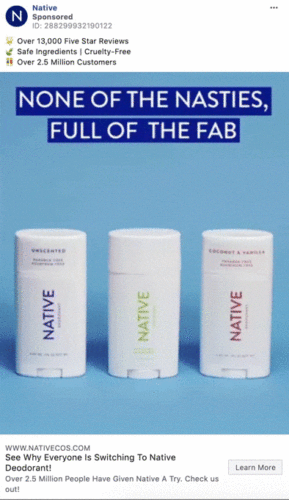 Three Native deodorant sticks—Unscented, Eucalyptus & Mint, and Coconut & Vanilla—are displayed upright against a blue background with text promoting the brand’s benefits.