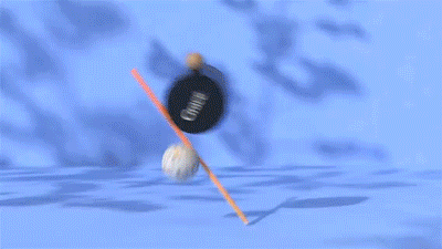 A labeled black ball marked "CHAOS" breaks through a barrier, knocking aside a stick and a white golf ball.