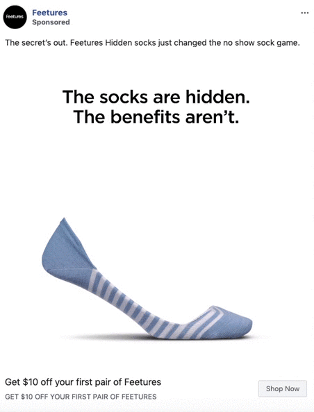 A blue no-show sock appears to disappear on a white background with the text, "The socks are hidden. The benefits aren’t." and a $10 discount offer for Feetures socks.