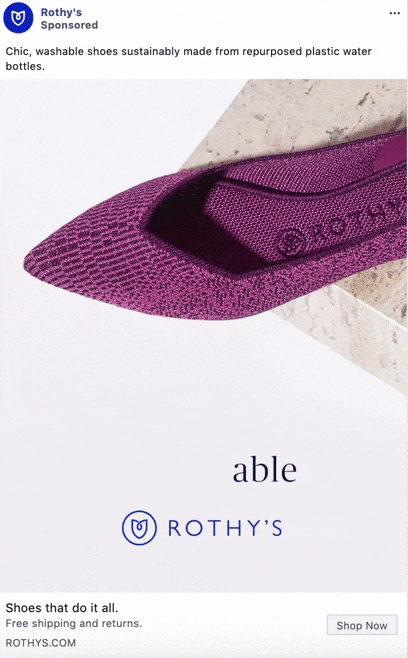 Close-up of a purple Rothy's flat shoe on a white background with the word “able” and the Rothy's logo below.