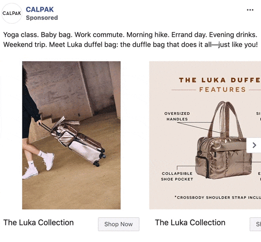 A person pulls a metallic duffel bag with wheels. Beside it, features of the duffel bag are listed, highlighting its versatility and design.