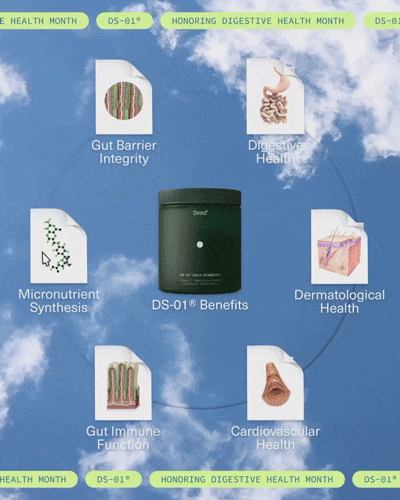 A central container labeled "DS-01 Benefits" is surrounded by icons and text highlighting gut, immune, skin, cardiovascular, digestive, and micronutrient health benefits.