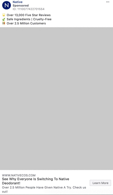 Animated Native deodorant ad featuring text about safe, cruelty-free ingredients, 5-star reviews, 2.5 million customers, and an image of a white Native deodorant stick against a blue background.