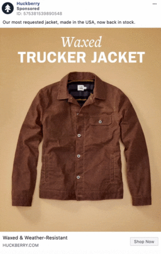 A brown waxed trucker jacket with silver buttons is displayed on a beige background. Text above reads, "Waxed Trucker Jacket.