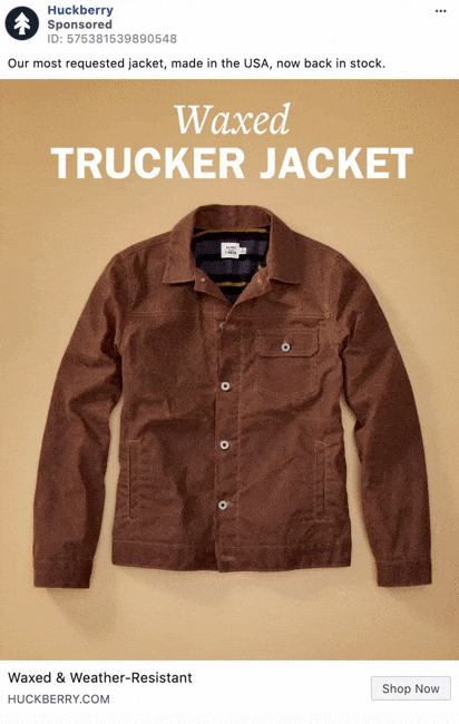 A brown waxed trucker jacket with silver buttons is displayed on a beige background. Text above reads, "Waxed Trucker Jacket.