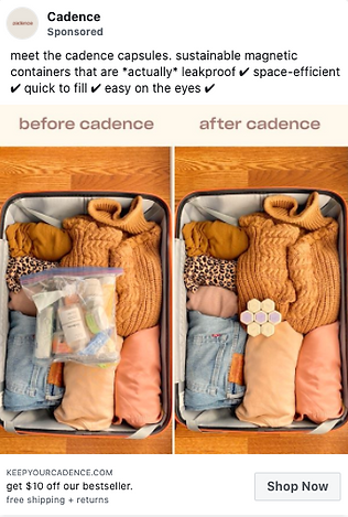 Before-and-after photos of an open suitcase: left shows toiletries in bulky bags, right shows toiletries in compact hexagonal containers called Cadence capsules.
