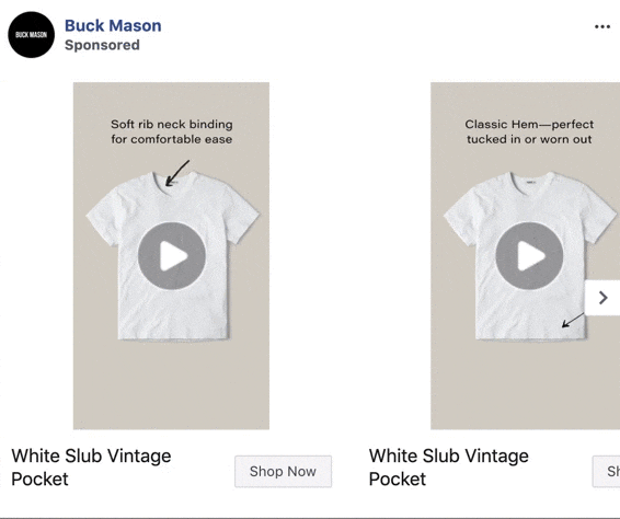 Two images of white t-shirts with text highlighting a soft rib neck binding and a classic hem; each shirt has a play button overlay.