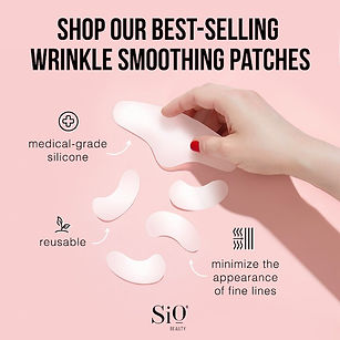 A hand picks up a silicone wrinkle smoothing patch, with text highlighting its medical-grade material, reusability, and ability to minimize fine lines. Four patches are shown on a pink background.