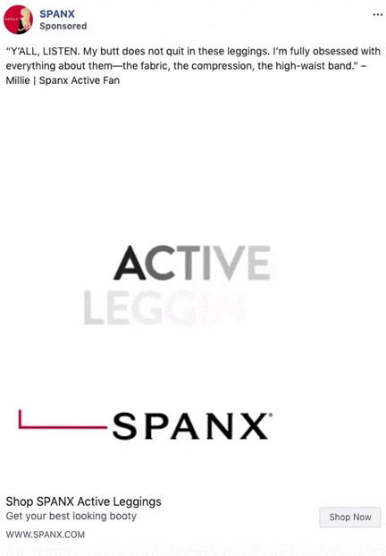 Animated ad for SPANX Active Leggings featuring customer testimonial text, fading words "ACTIVE LEGGINGS", and a "Shop Now" button at the bottom.