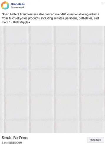 Animated ad featuring text about Brandless banning over 400 questionable ingredients in its products, with images of personal care and cleaning items on a white tiled background.