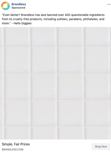 Animated ad featuring text about Brandless banning over 400 questionable ingredients in its products, with images of personal care and cleaning items on a white tiled background.