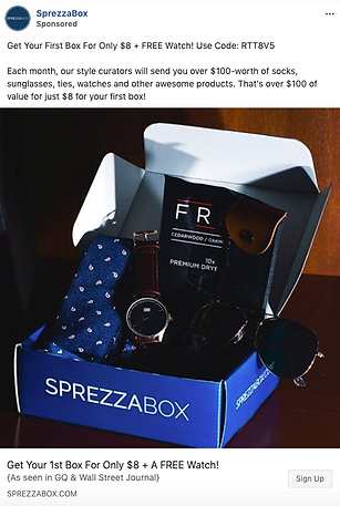 An open SprezzaBox shows sunglasses, a watch, socks, and grooming products. Text offers a first box for $8 plus a free watch with a promo code.